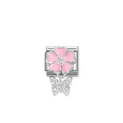 Nomination Classic Pendant Link with pink enamel flower and pavé CZ butterfly in sterling silver on stainless steel
