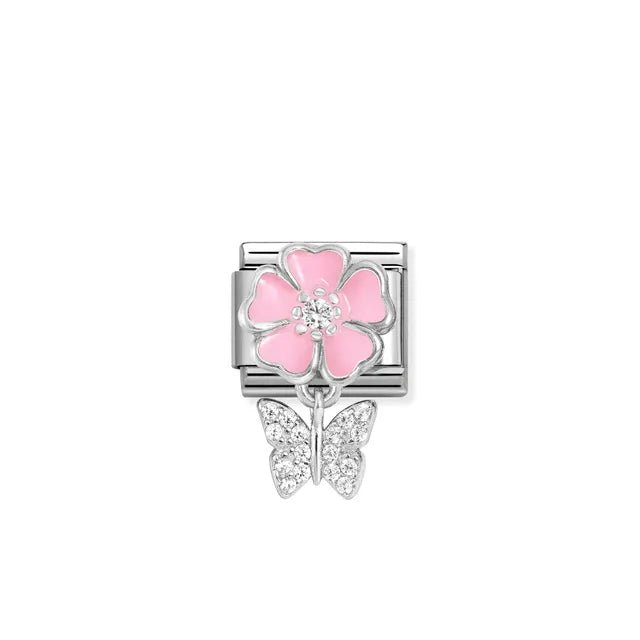 Nomination Classic Pendant Link with pink enamel flower and pavé CZ butterfly in sterling silver on stainless steel
