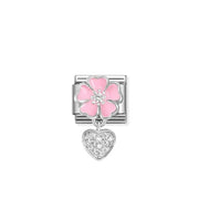 Nomination Classic Pendant Link with pink enamel flower and dangling pavé heart in sterling silver on steel