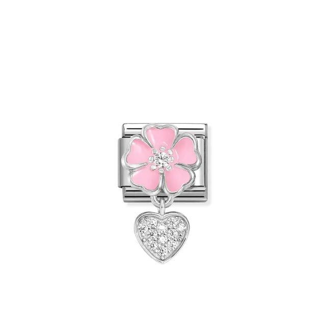 Nomination Classic Pendant Link with pink enamel flower and dangling pavé heart in sterling silver on steel