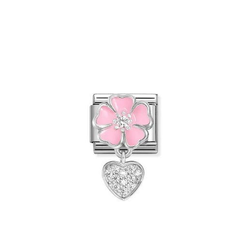 Nomination Classic Pendant Link with pink enamel flower and dangling pavé heart in sterling silver on steel