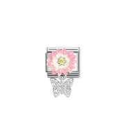 Nomination Classic Pendant Link with pink flower, yellow CZ centre and pavé butterfly charm