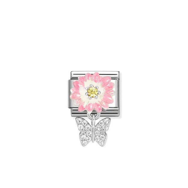 Nomination Classic Pendant Link with pink flower, yellow CZ centre and pavé butterfly charm