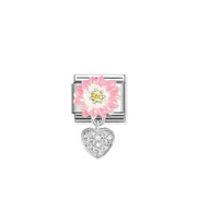 Nomination Classic Pendant Link with pink flower, yellow CZ centre and pavé heart charm in sterling silver