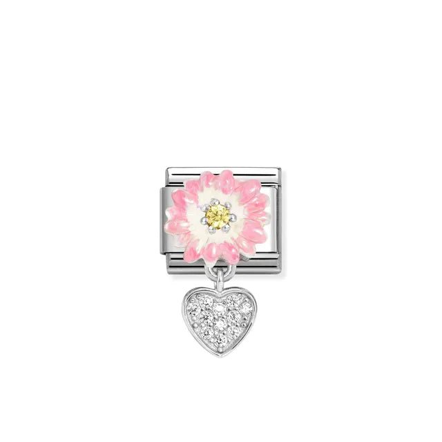 Nomination Classic Pendant Link with pink flower, yellow CZ centre and pavé heart charm in sterling silver