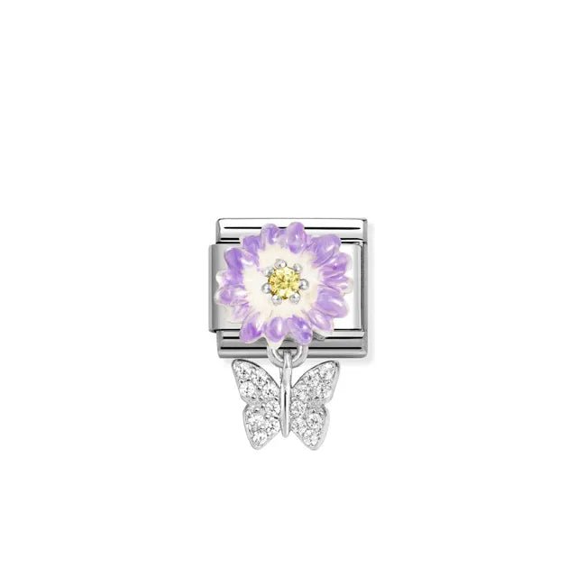 Nomination Classic Pendant Link with purple enamel flower, yellow CZ centre and pavé butterfly, stainless steel and silver