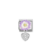 Nomination Classic Pendant Link with purple enamel flower, yellow CZ centre and white CZ pavé heart, stainless steel and silver
