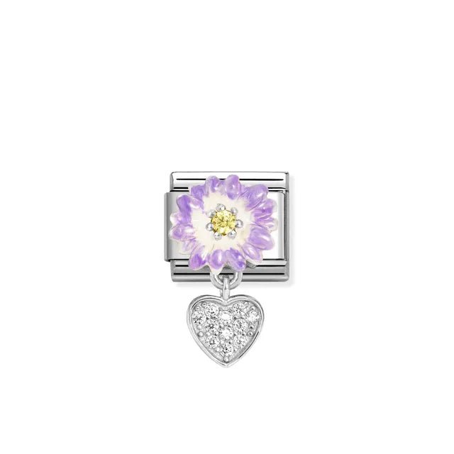 Nomination Classic Pendant Link with purple enamel flower, yellow CZ centre and white CZ pavé heart, stainless steel and silver