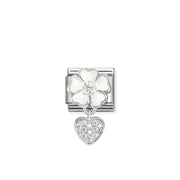 Nomination Classic Pendant Link with white enamel flower and pavé CZ heart charm in sterling silver