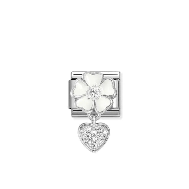 Nomination Classic Pendant Link with white enamel flower and pavé CZ heart charm in sterling silver