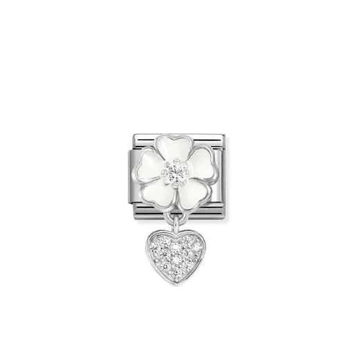 Nomination Classic Pendant Link with white enamel flower and pavé CZ heart charm in sterling silver