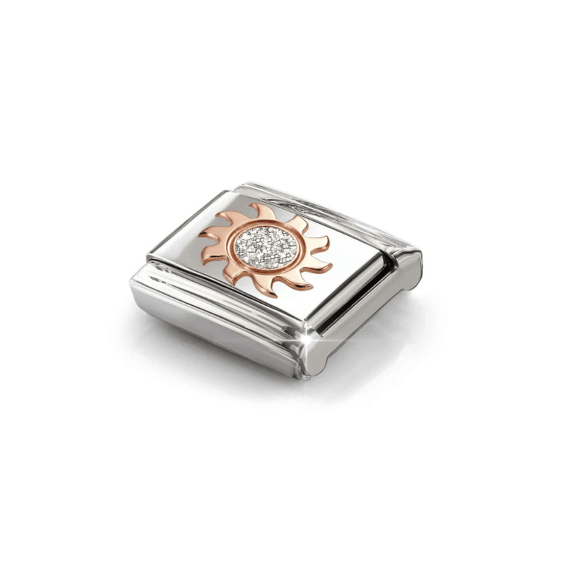 Angled view of Nomination rose gold glitter sun Composable charm