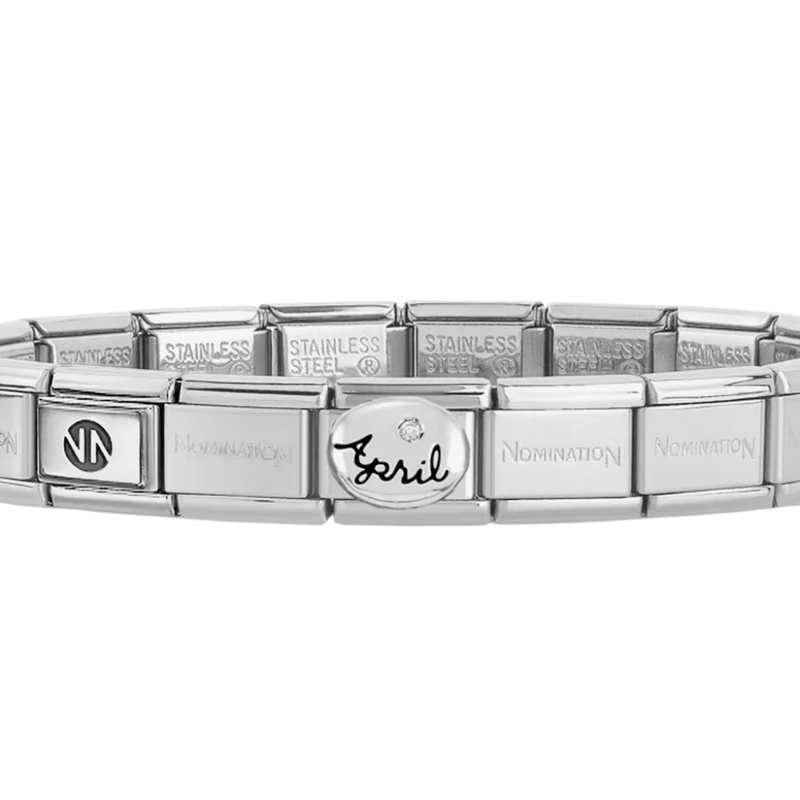 Close up of Nomination Classic Silver April Birthstone Bracelet with April diamond link