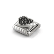 Angled view of Nomination silver heart charm set with black Cubic Zirconia