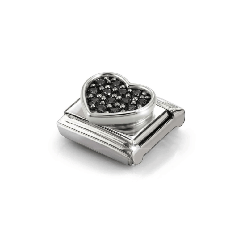 Angled view of Nomination silver heart charm set with black Cubic Zirconia