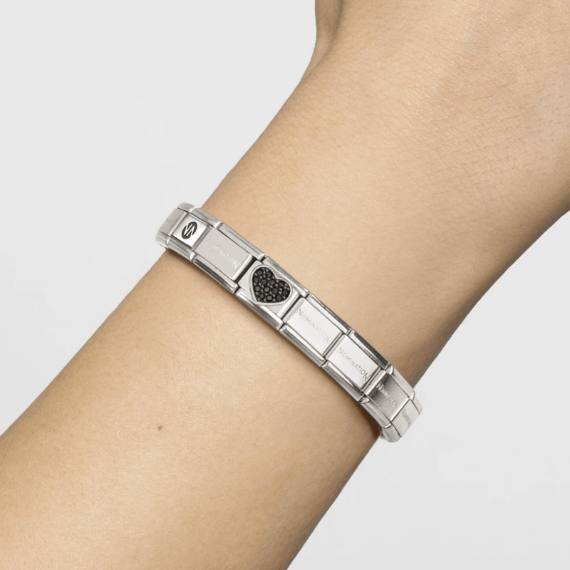 Nomination black Cubic Zirconia heart charm worn on a Classic Composable bracelet