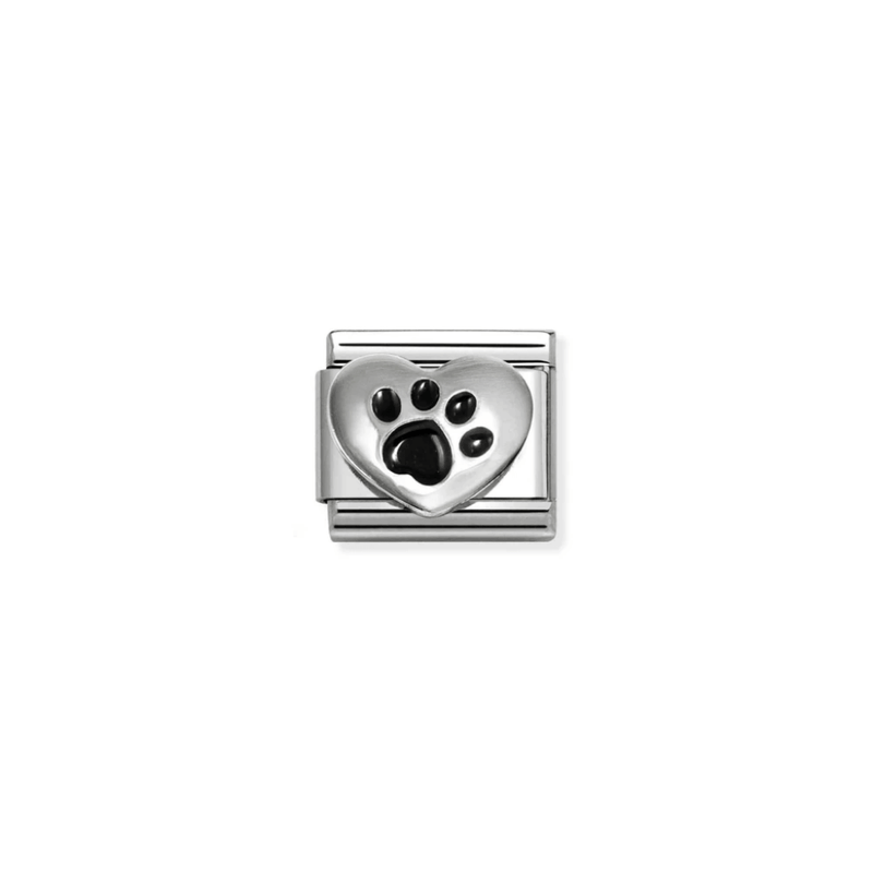 Nomination Classic silver heart charm with a black enamel paw print