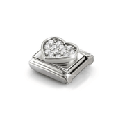 Angled view of raised silver Nomination heart charm with white cubic zirconia stones