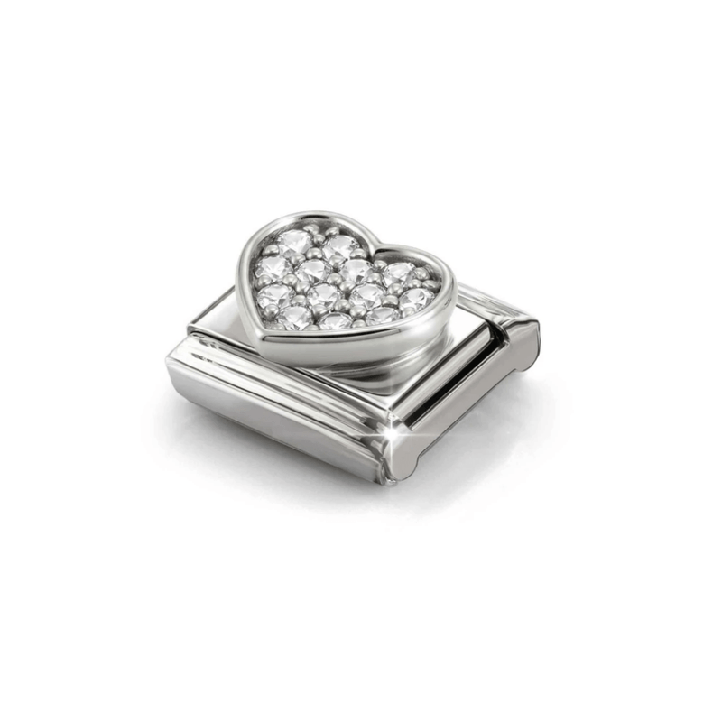 Angled view of raised silver Nomination heart charm with white cubic zirconia stones