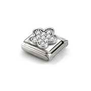 Angled view of Nomination silver flower charm set with white Cubic Zirconia