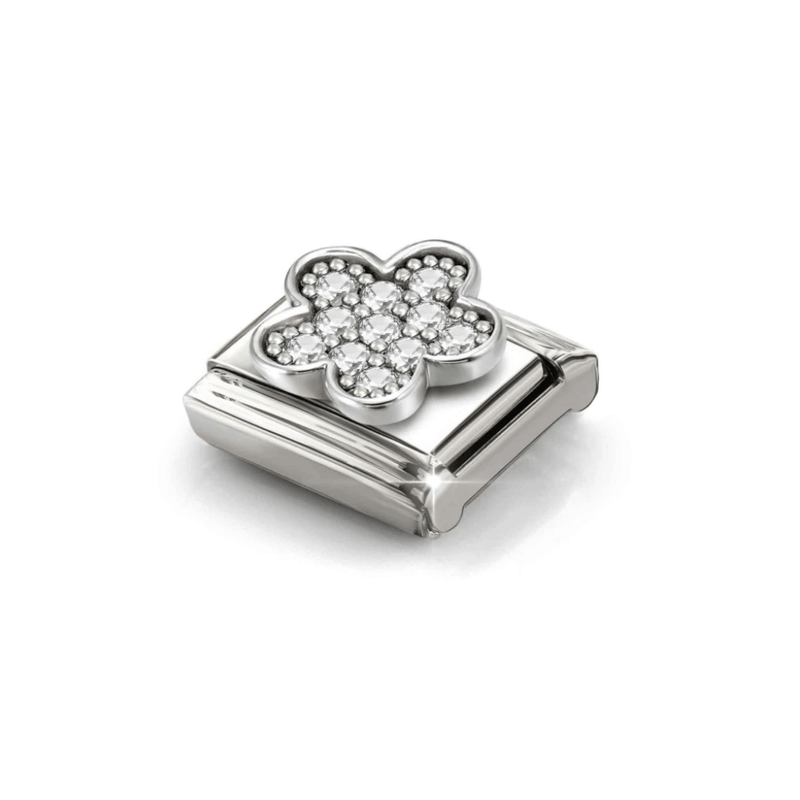 Angled view of Nomination silver flower charm set with white Cubic Zirconia