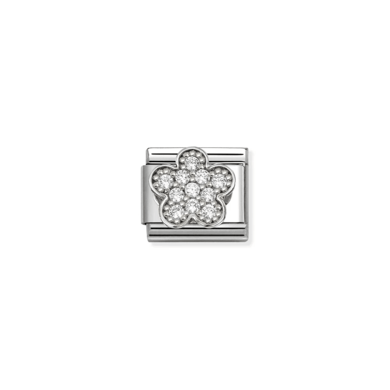 Nomination Classic silver flower charm with white Cubic Zirconia, front view