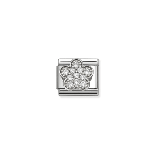 Nomination Classic silver flower charm with white Cubic Zirconia, front view