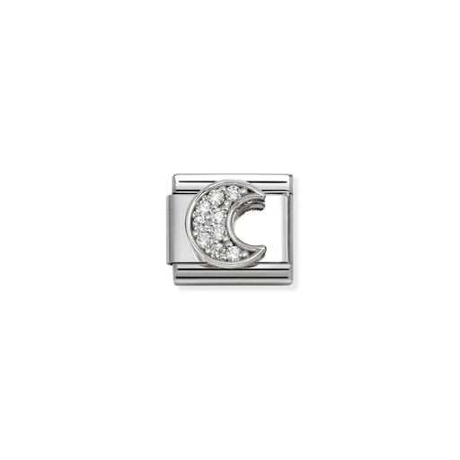 Nomination Classic silver crescent moon charm with white Cubic Zirconia, front view