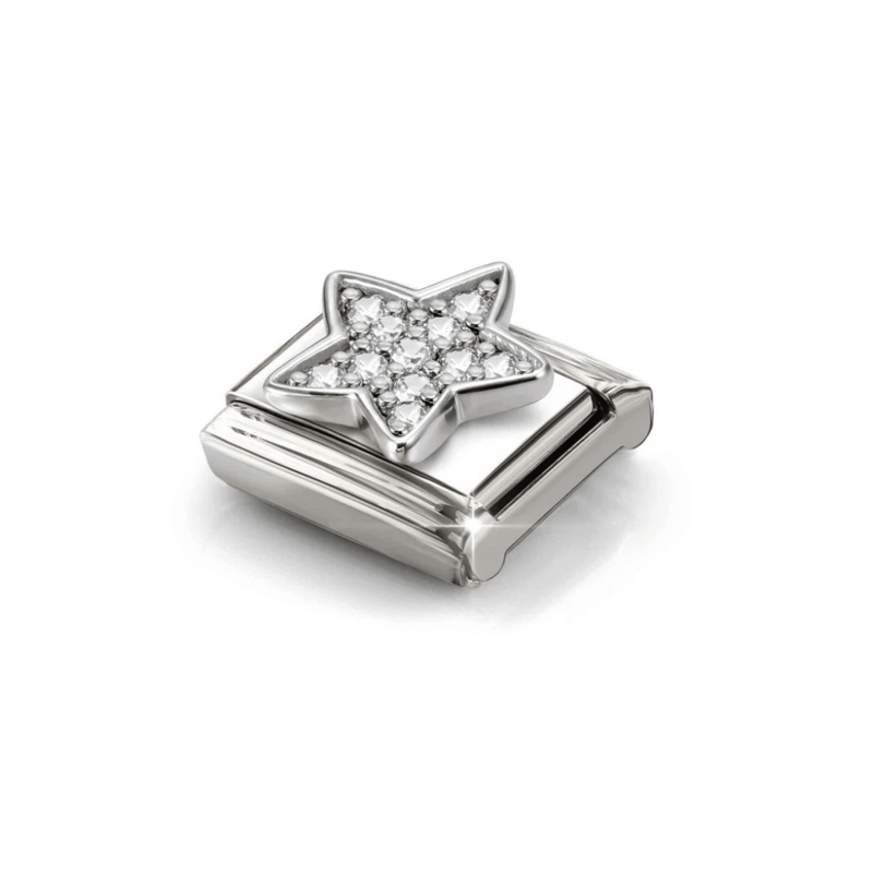Angled view of Nomination silver star charm set with white Cubic Zirconia
