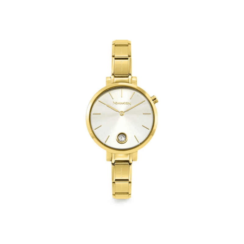 Nomination Classicgold Composable watch with gold-tone strap, silver sunray dial and cubic zirconia detail.