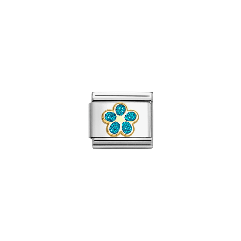 Nomination Composable Classic Gold Glitter Light Blue Flower Link Charm with sparkling enamel detail