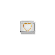 Nomination Classic Link with white opal heart framed in yellow-gold on stainless steel, front view.