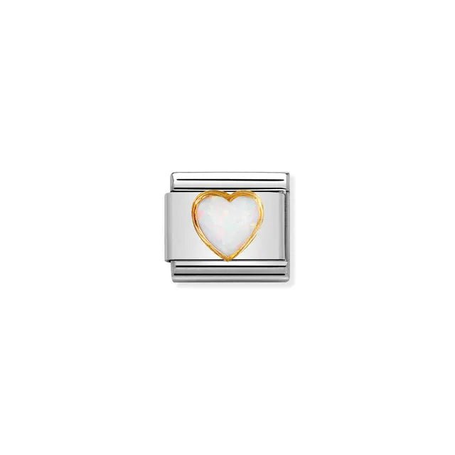 Nomination Classic Link with white opal heart framed in yellow-gold on stainless steel, front view.