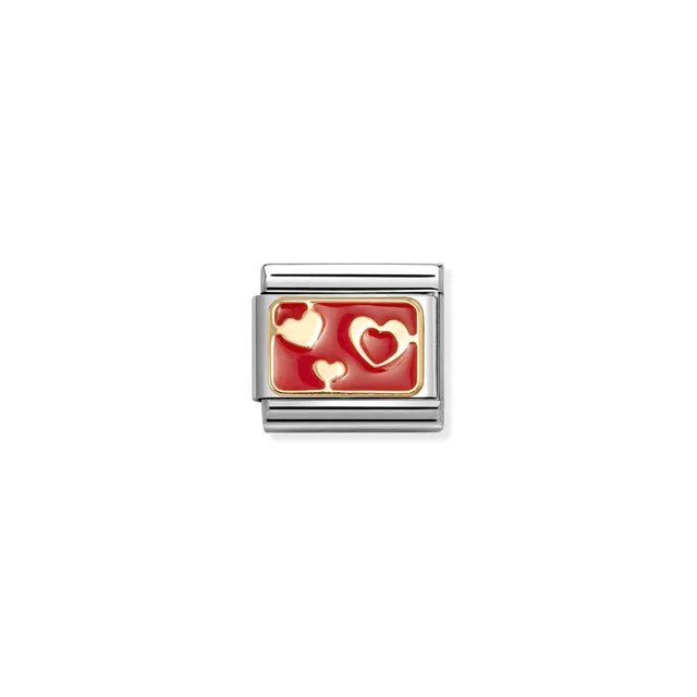 Nomination Composable Classic Link with gold hearts on red enamel, stainless steel with yellow gold detail