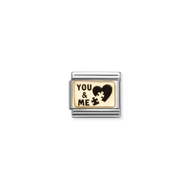 Nomination Composable Classic Link “YOU & ME” puzzle heart charm with black engraving and yellow gold detail