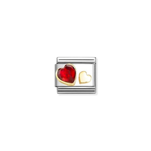 Nomination Classic Link with faceted red CZ heart and small yellow-gold heart on stainless steel, close-up.