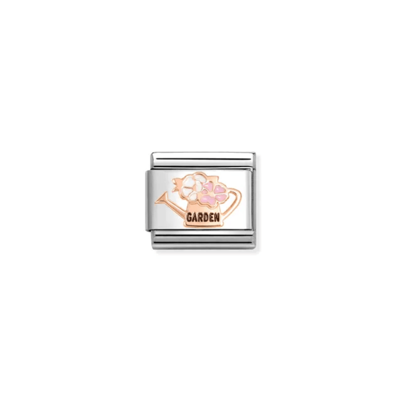 Nomination Composable Classic Rose Gold Garden Watering Can Link Charm with hand-applied enamel flowers