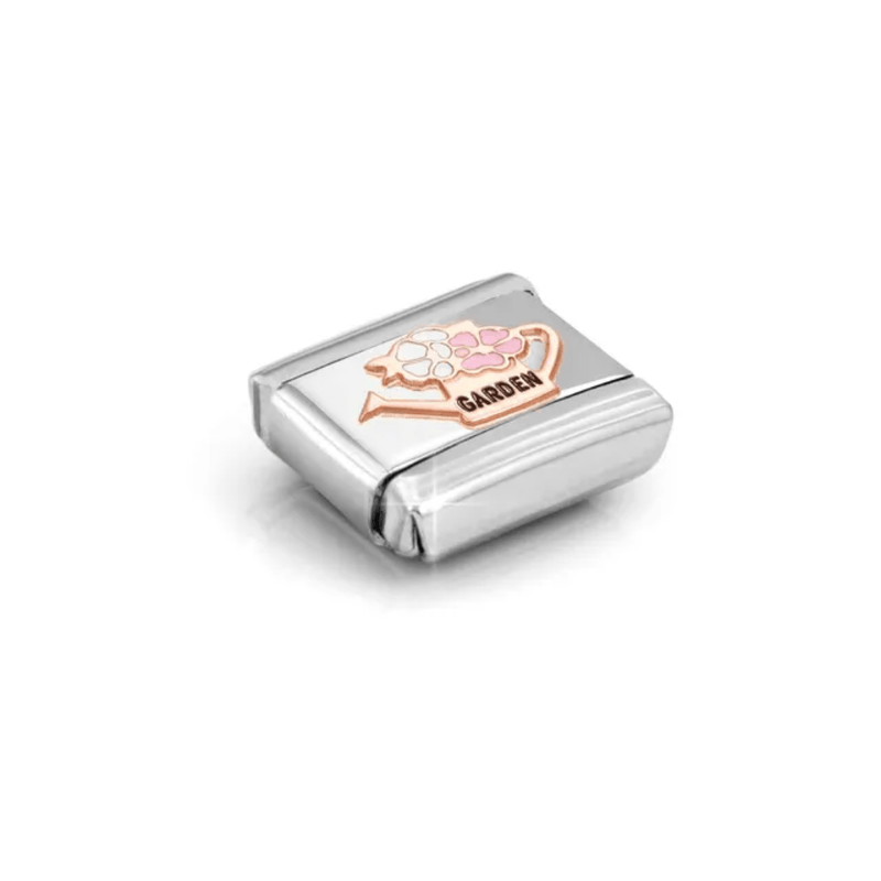 Angled view of the Nomination Composable Classic Rose Gold Garden Watering Can Link Charm