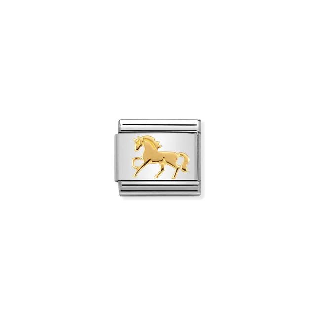 Nomination Composable Classic Link with yellow-gold galloping horse on stainless steel