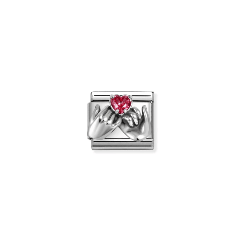 Nomination Composable Classic Hands and Red Heart charm in oxidised silver with red Cubic Zirconia