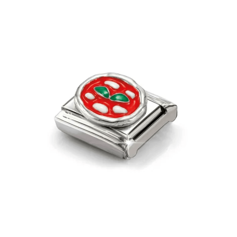Angled view of Nomination Composable pizza charm in silver and enamel