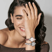 Model wearing two personalised Nomination Composable watches