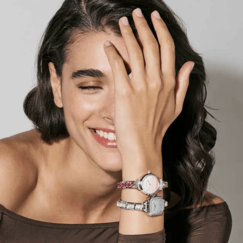 Model wearing two personalised Nomination Composable watches