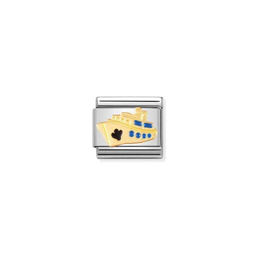 Nomination Classic Link charm with yellow-gold cruise ship and blue enamel windows on stainless steel