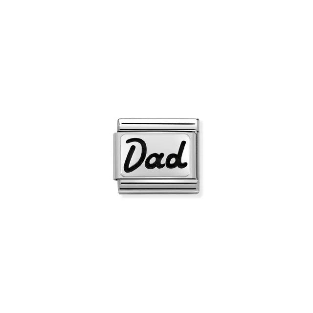 Nomination Dad Script Classic Link charm in stainless steel and sterling silver with black enamel