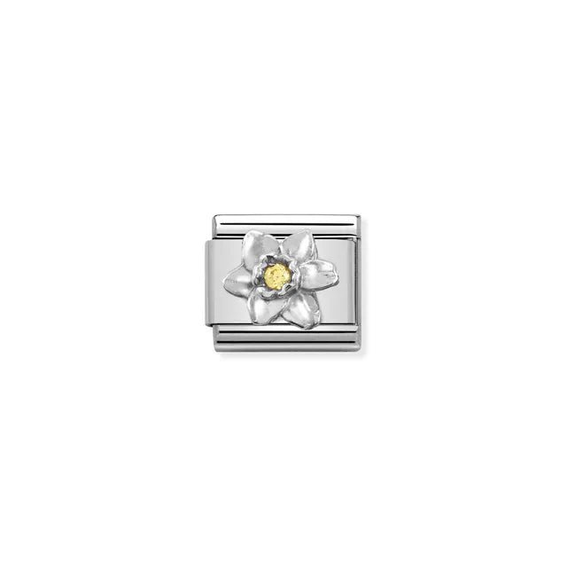 Nomination Daffodil Classic Link charm in stainless steel and sterling silver with yellow cubic zirconia