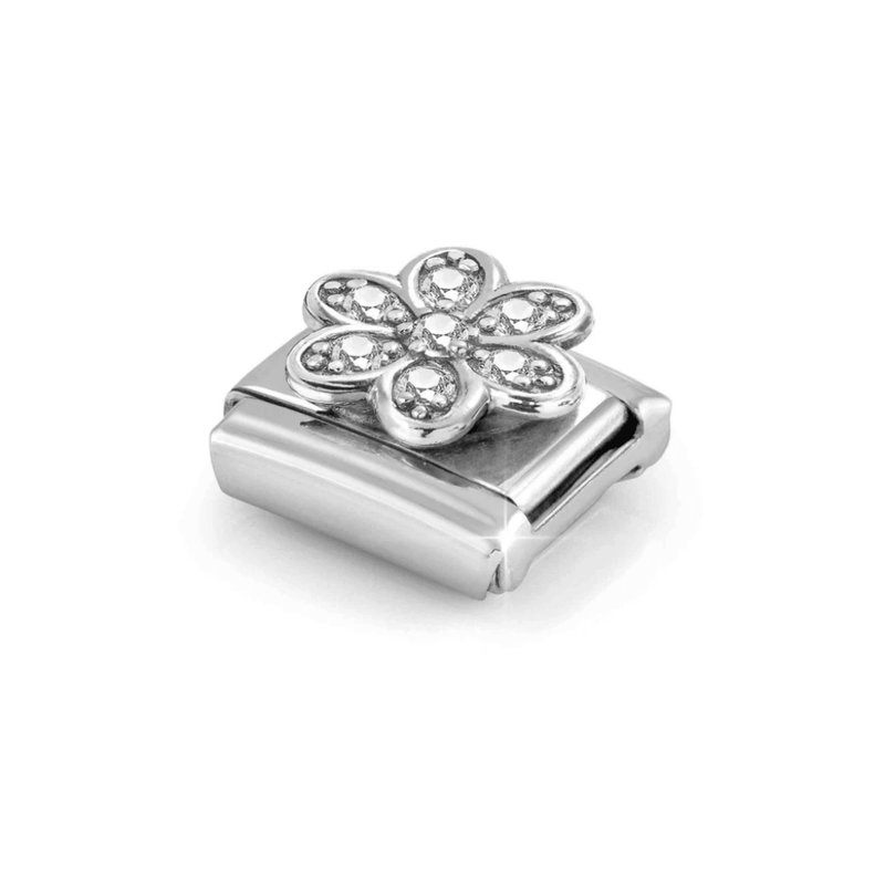 Angled close-up of Nomination Daisy Composable Link showing sculpted sterling silver petals and white cubic zirconia detailing.