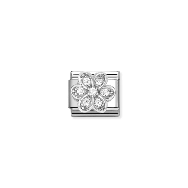 Nomination Daisy Classic Composable Link featuring six raised sterling silver petals decorated with sparkling white cubic zirconia.