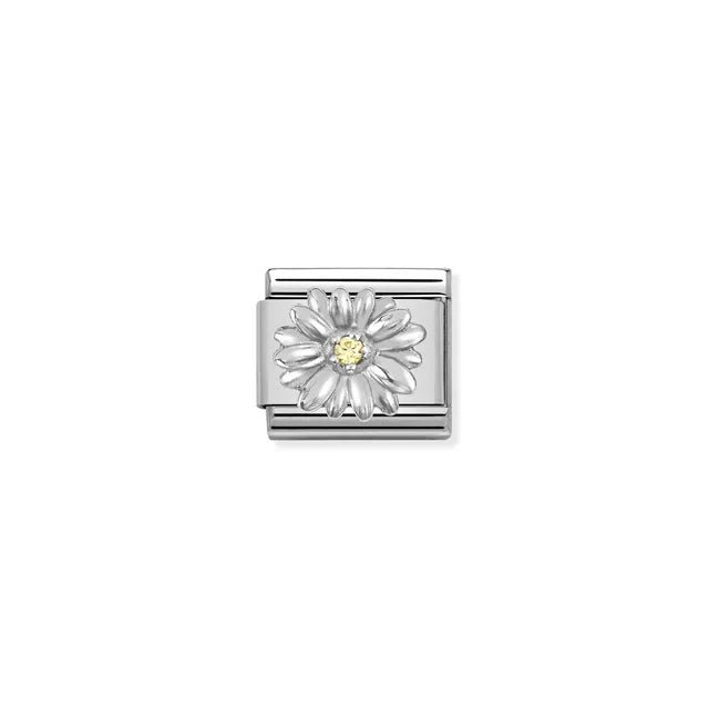 Nomination Daisy Classic Link charm in stainless steel and sterling silver with yellow cubic zirconia