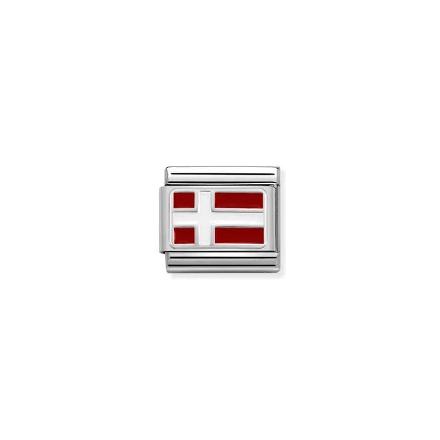 Close-up of Nomination Danish Flag Classic Link charm in enamel and silver